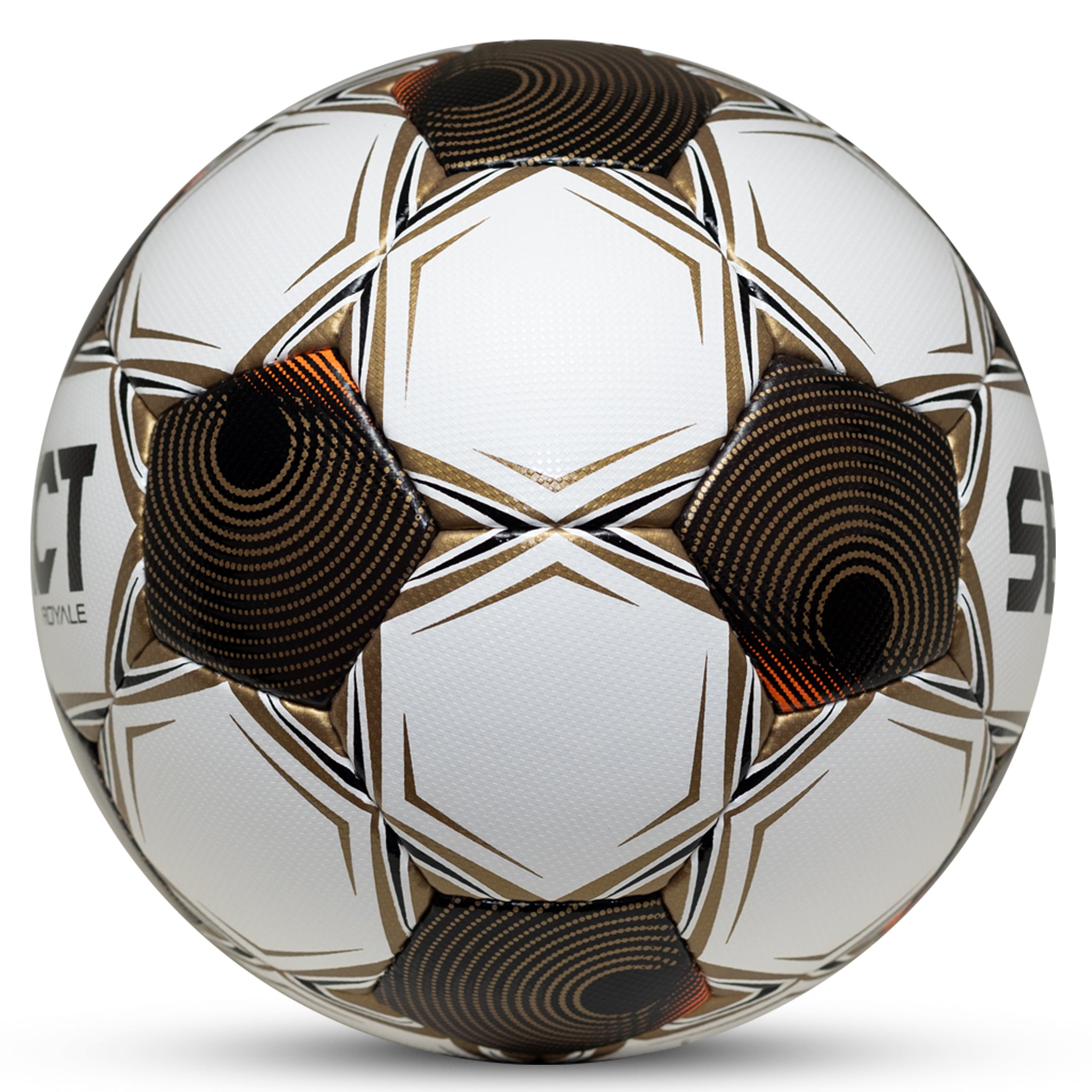 White soccer ball with black pentagons, gold and orange accents and 'Select' branding on a white background. Approved for NFHS play #color_white/black