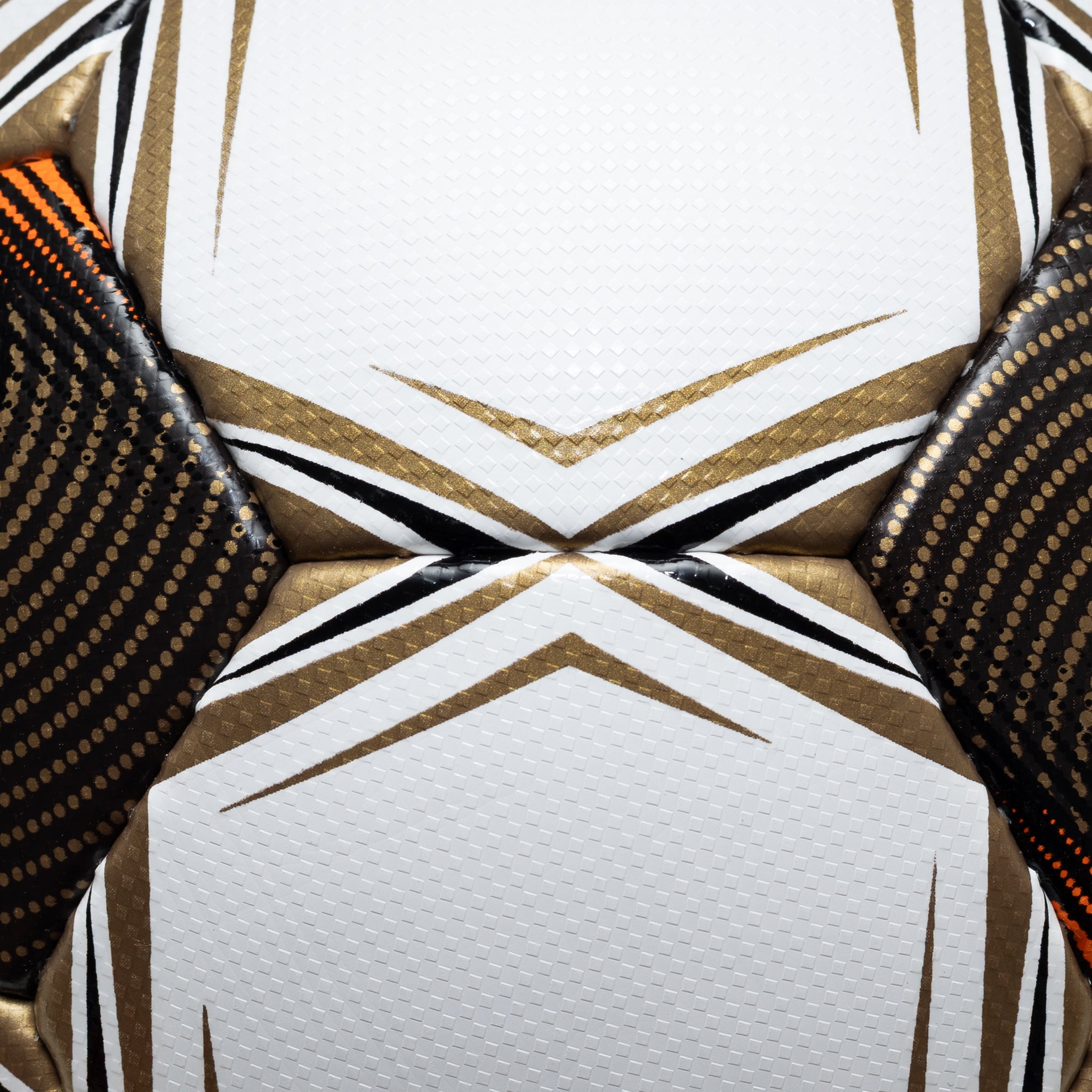 White soccer ball with black pentagons, gold and orange accents and 'Select' branding on a white background. Approved for NFHS play #color_white/black