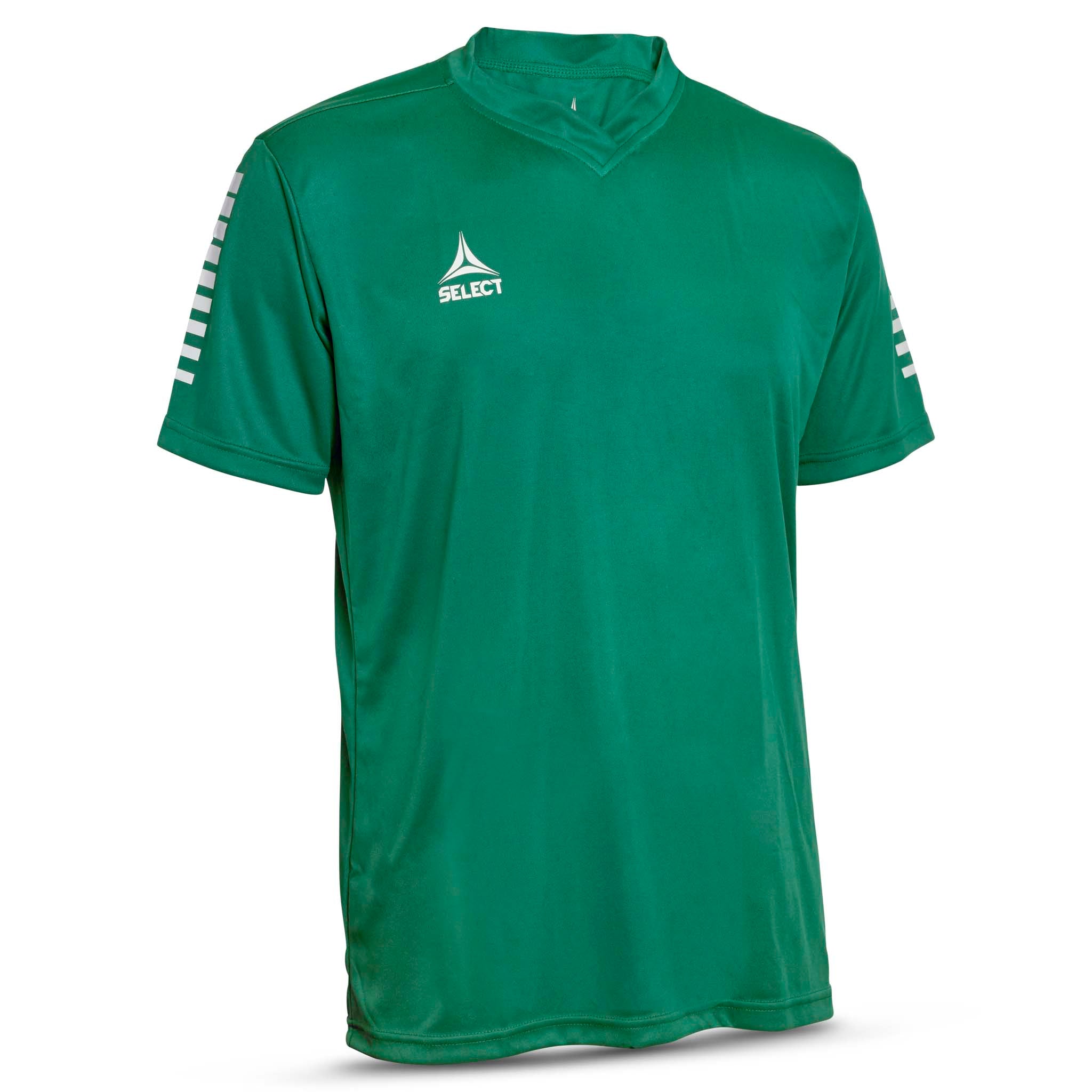 Green short sleeve sports jersey with white stripes and Select brand logo on a white background. Product name is Pisa short sleeve jersey #color_ #color_green #color_green