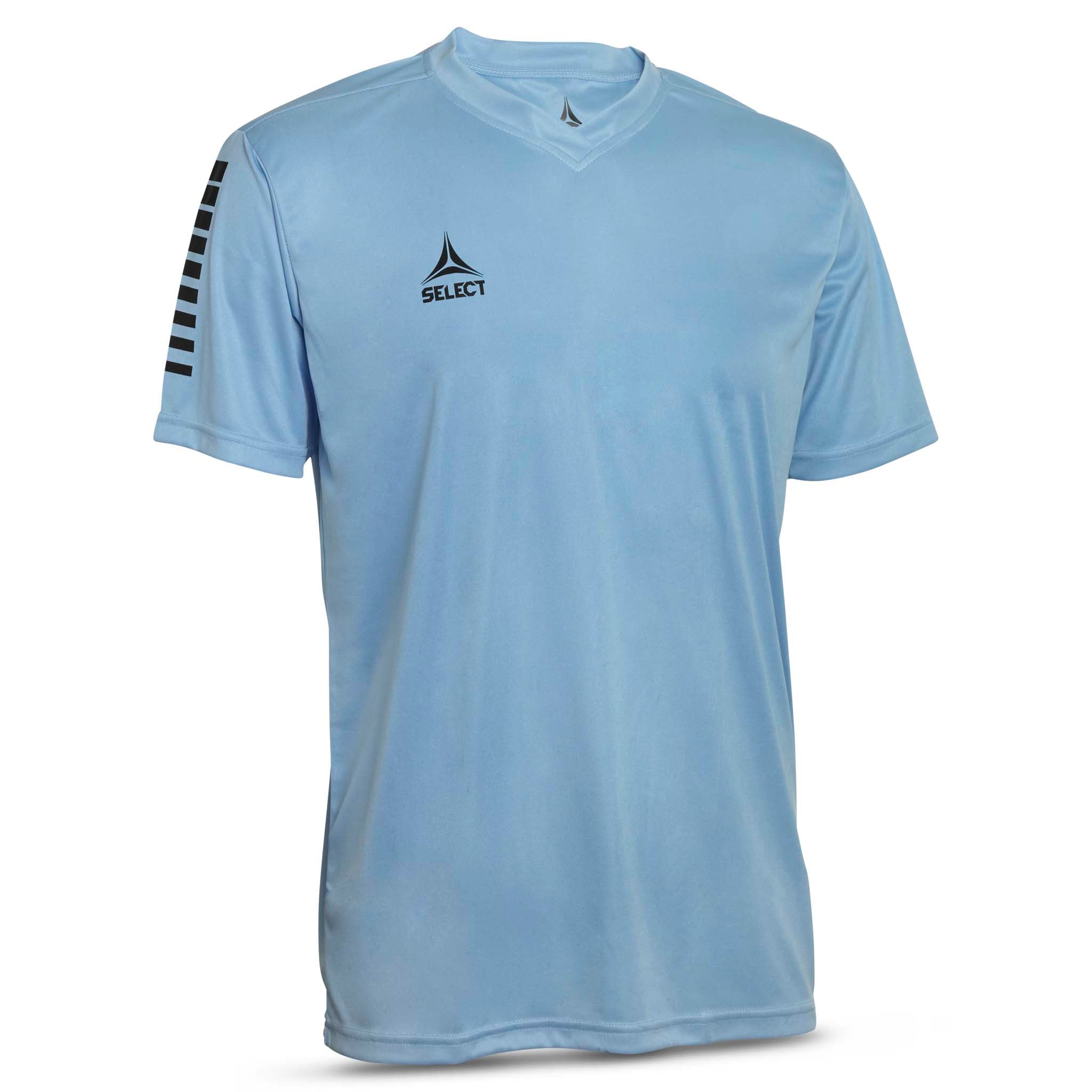 Lightblue short sleeve sports jersey with black stripes and Select brand logo on a white background. Product name is Pisa short sleeve jersey #color_ #color_lightblue