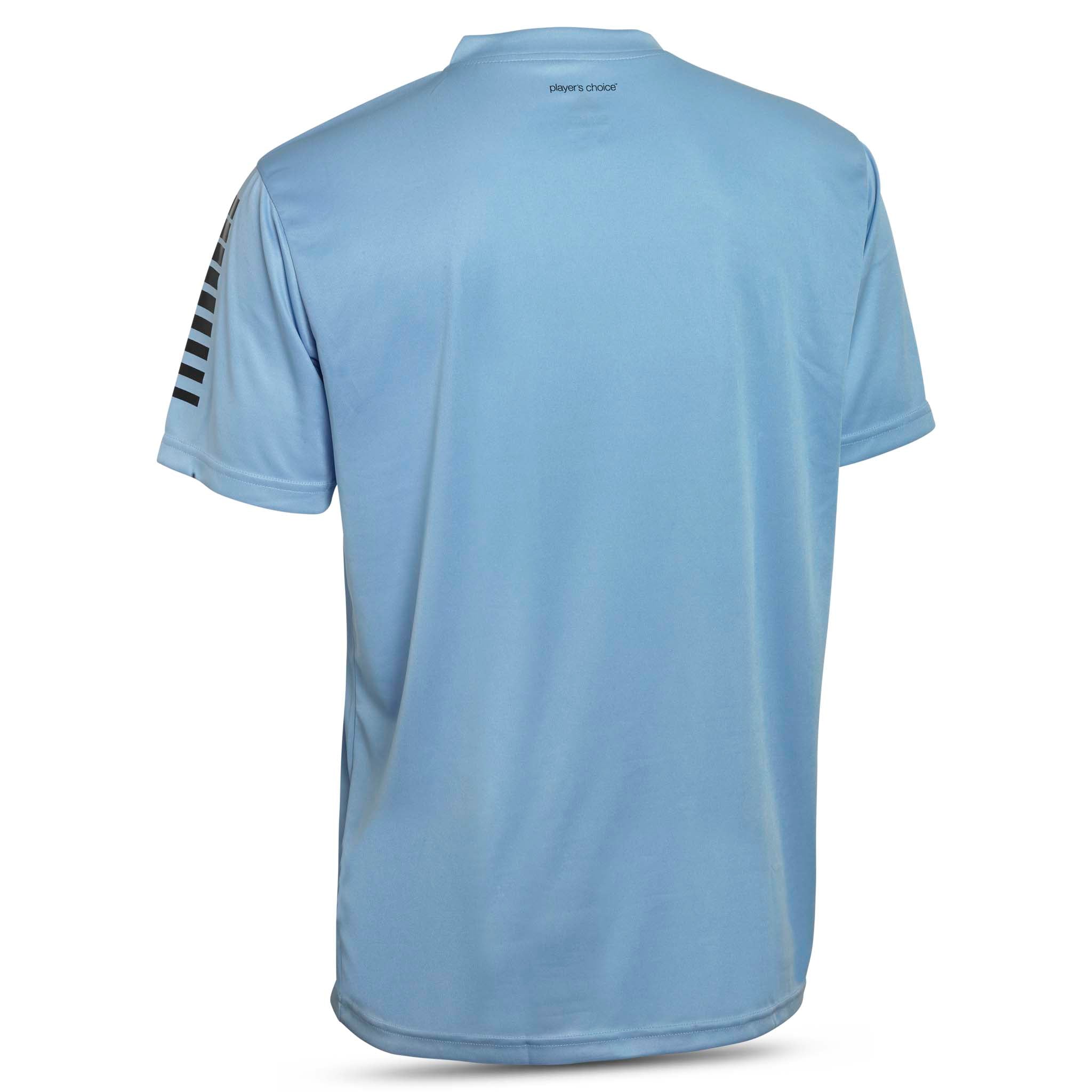 Lightblue short sleeve sports jersey with black stripes and Select brand logo on a white background. Product name is Pisa short sleeve jersey #color_ #color_lightblue