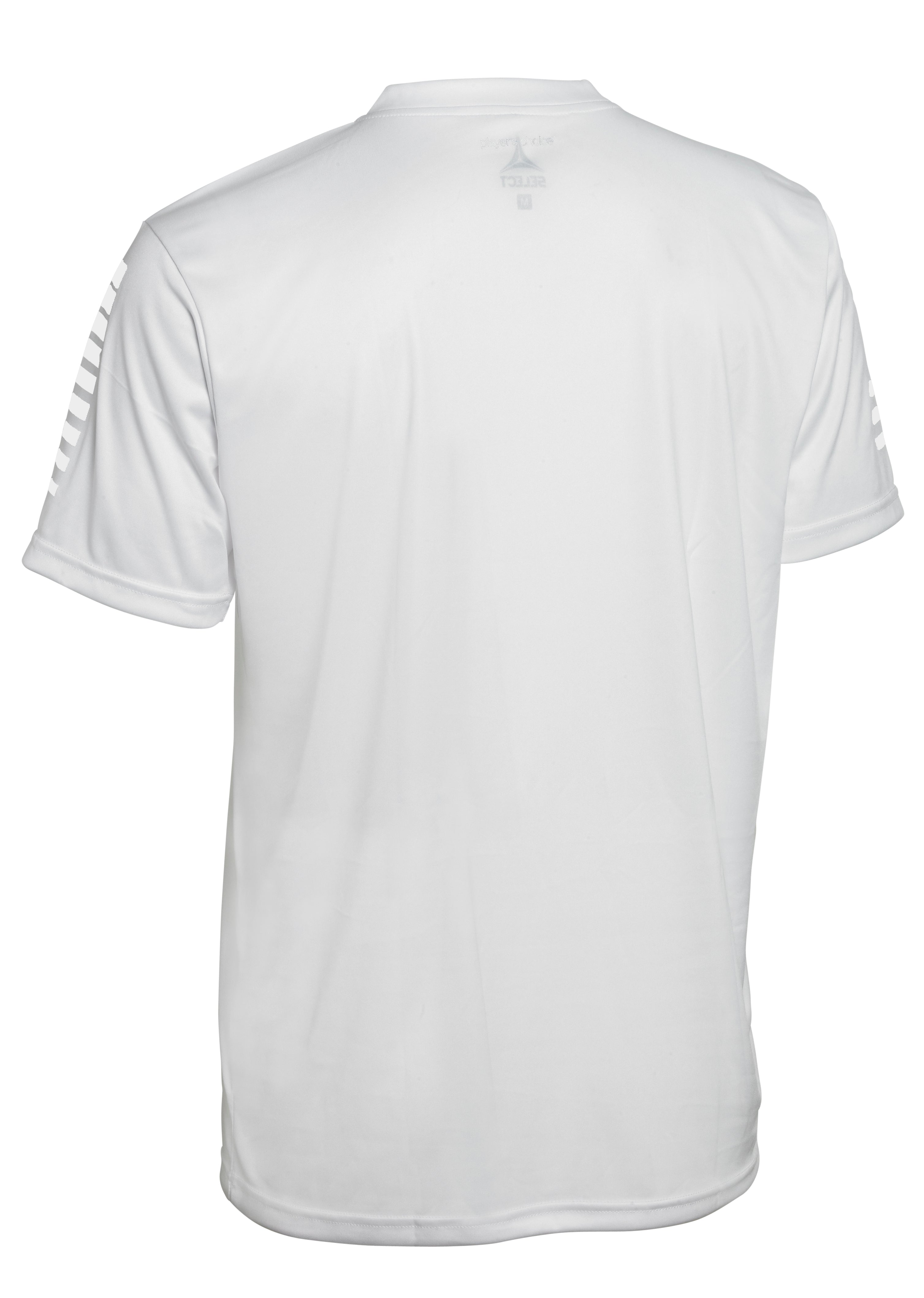 White short sleeve sports jersey with white stripes and Select brand logo on a white background. Product name is Pisa short sleeve jersey #color_ #color_white/white
