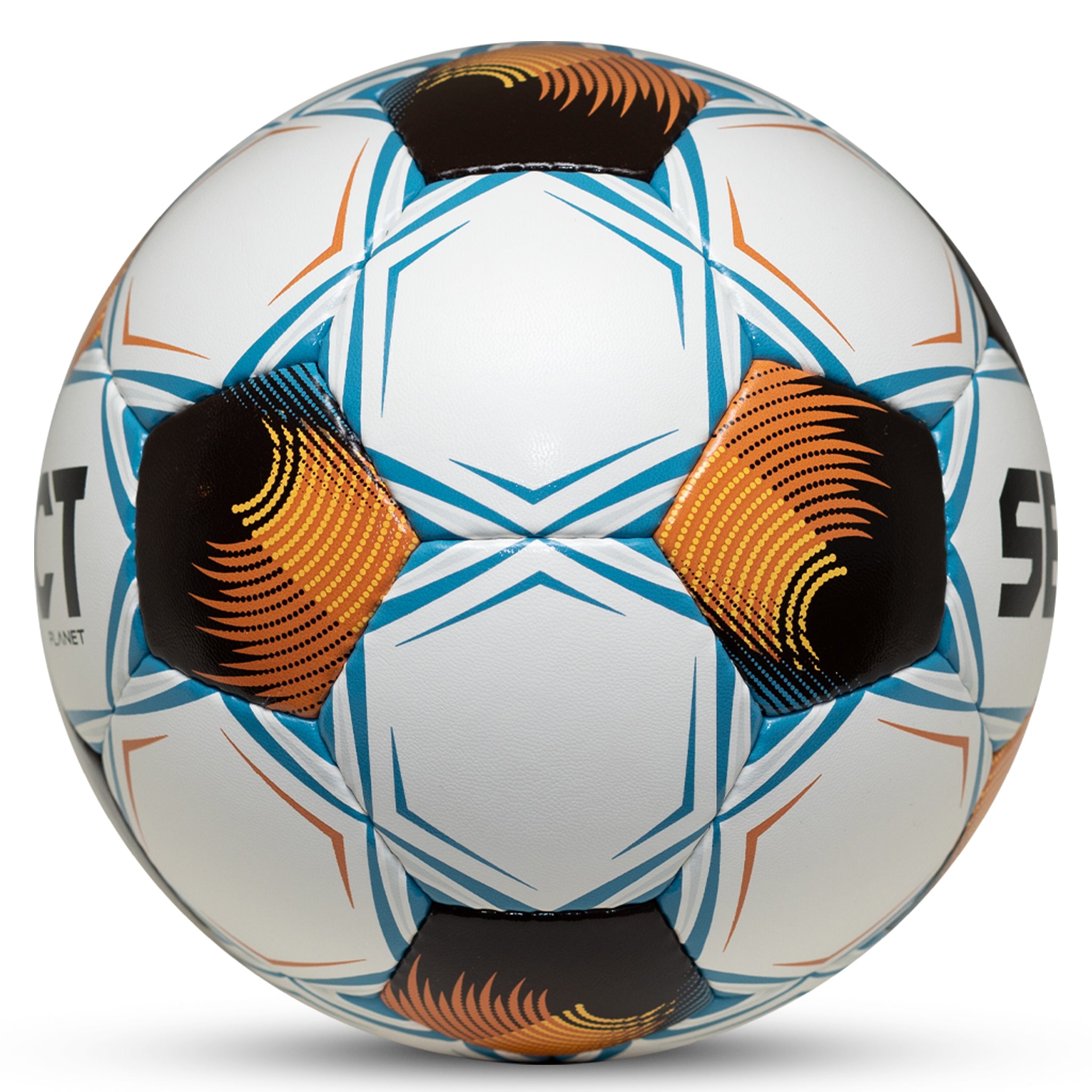 Planet NFHS v26 soccer ball, white with blue, orange and black design, right-side view.