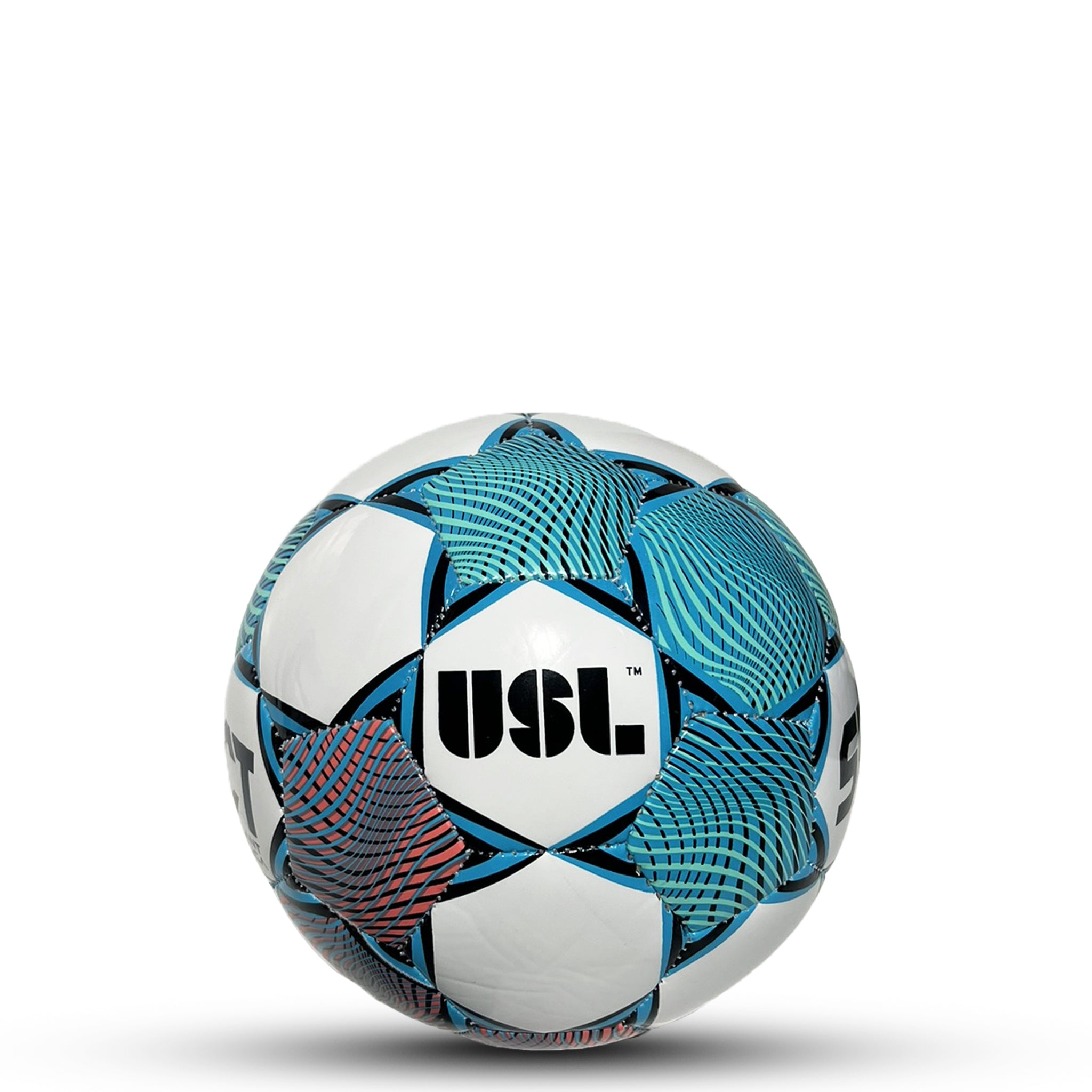 White soccer ball with blue, green, and pink wavy accents branded with the Select logo. Official replica mini ball for the USL #color_white/green