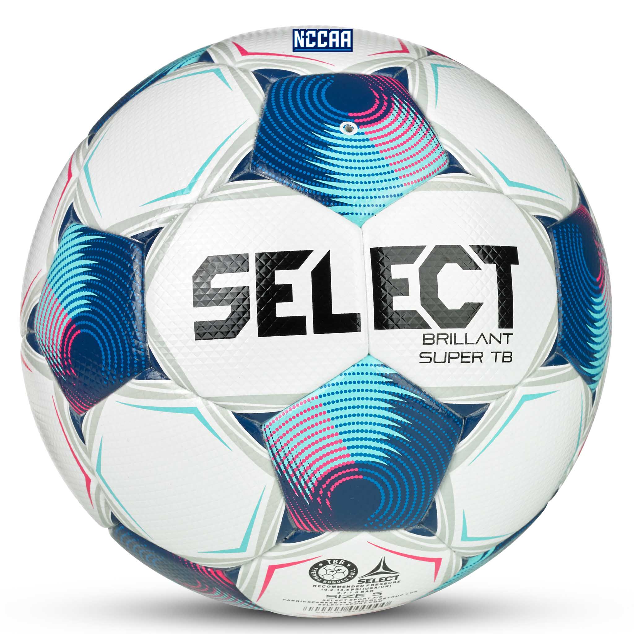 White soccer ball with navy and light blue accents. #color_white/blue