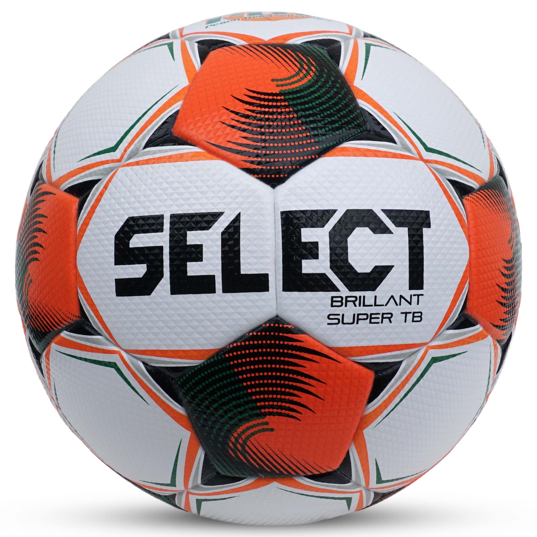 Select Brillant Super TB soccer ball, front view, white with orange and green panels