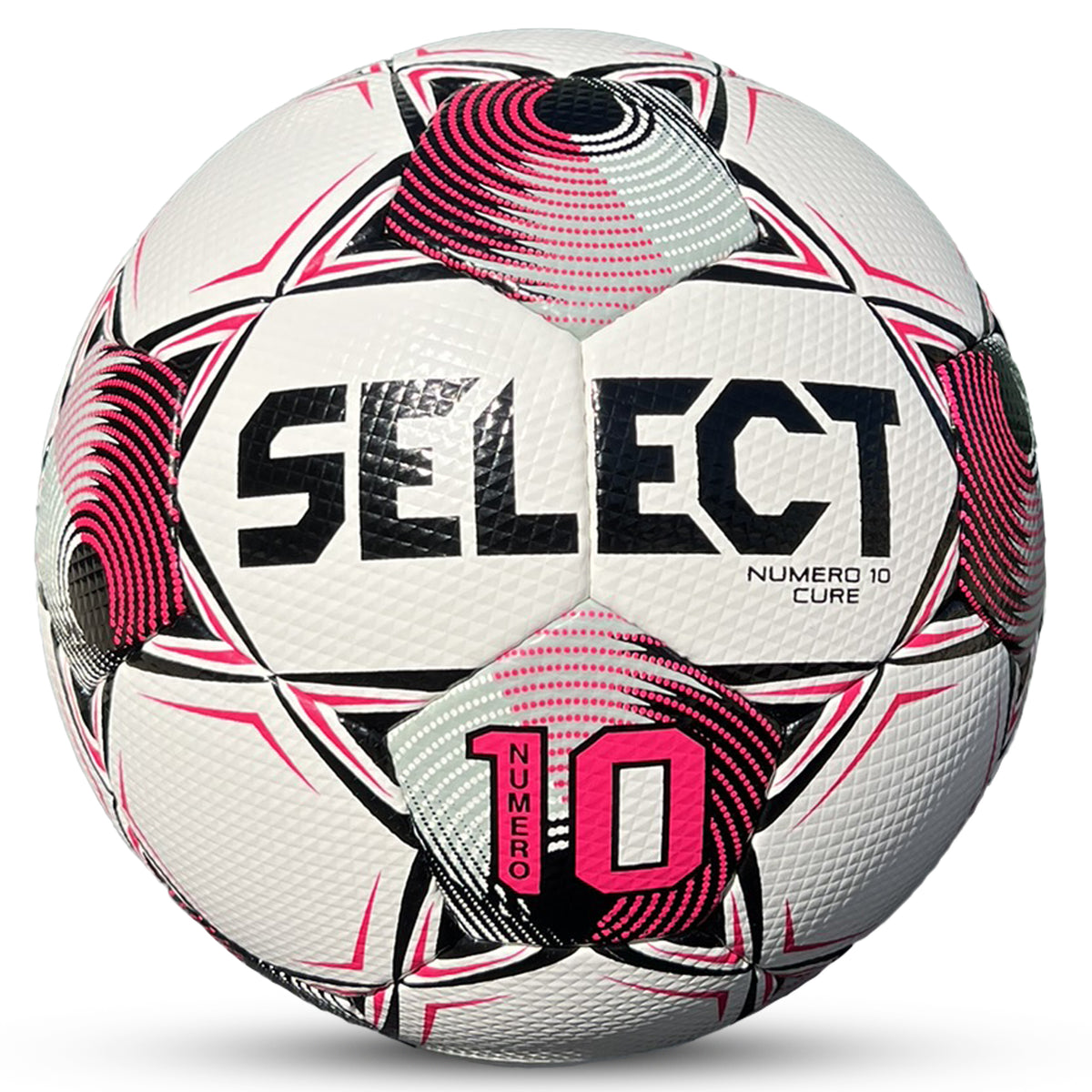 Numero 10 Cure v25 soccer ball, front page. White ball with pink, black and gray design.