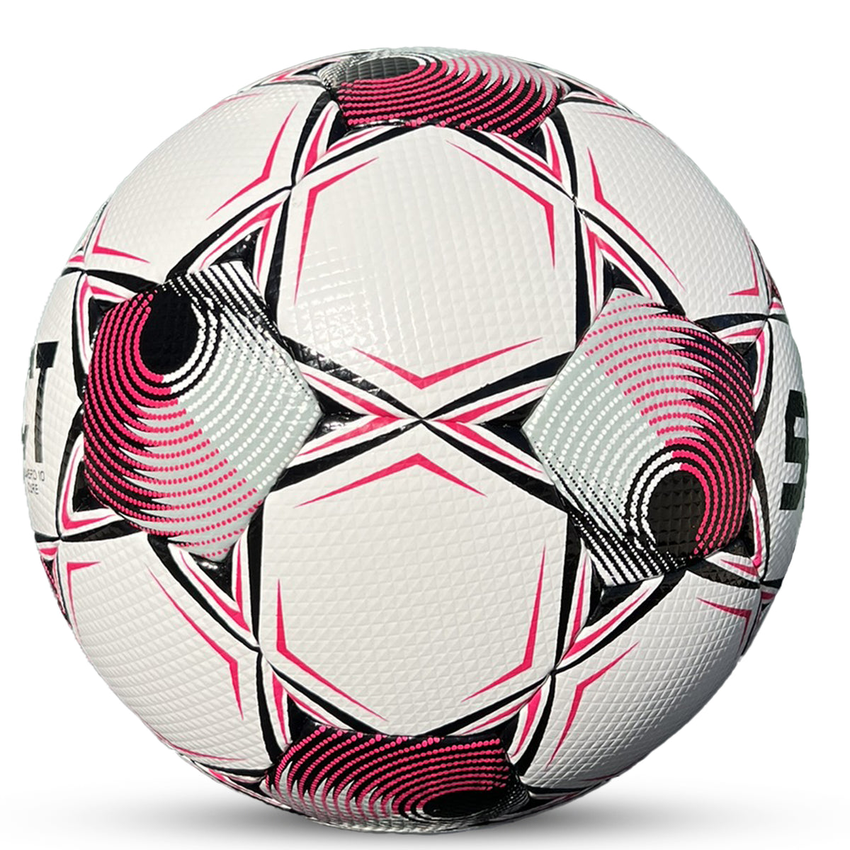 Numero 10 Cure v25 soccer ball, side view, white with black and pink design