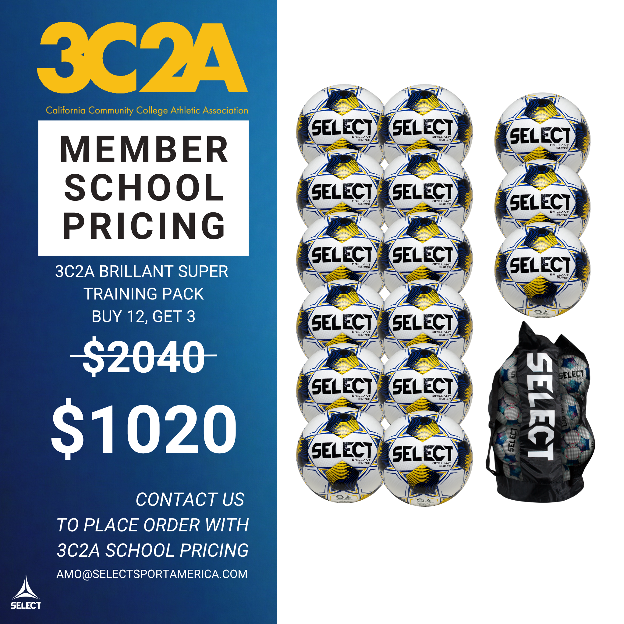 3C2A ball pack special, buy 12 balls, get 3 balls and bag for $1020. Contact amo@selectsportamerica.com to place order at school price. 