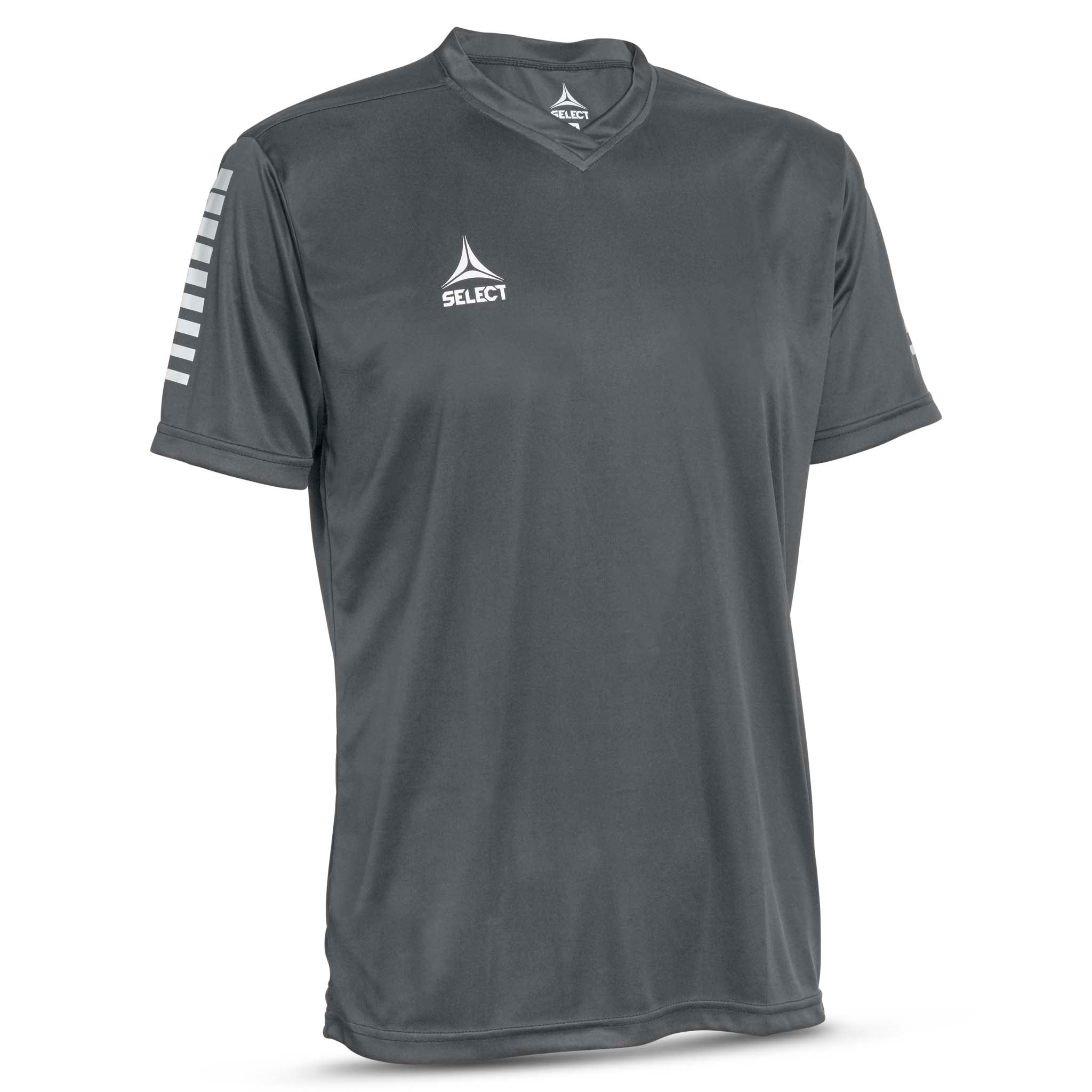Grey short sleeve sports jersey with white stripes and Select brand logo on a white background. Product name is Pisa short sleeve jersey #color_grey