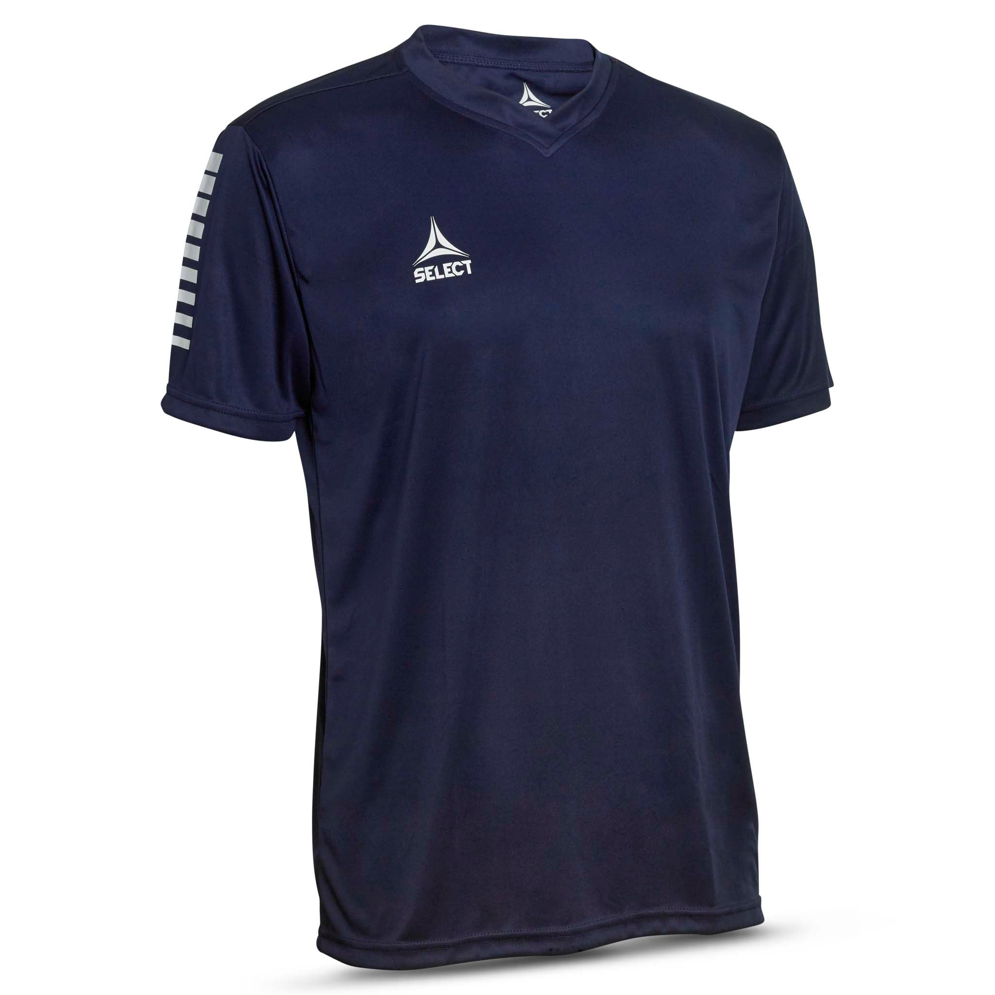 Navy short sleeve sports jersey with white stripes and Select brand logo on a white background. Product name is Pisa short sleeve jersey #color_navy