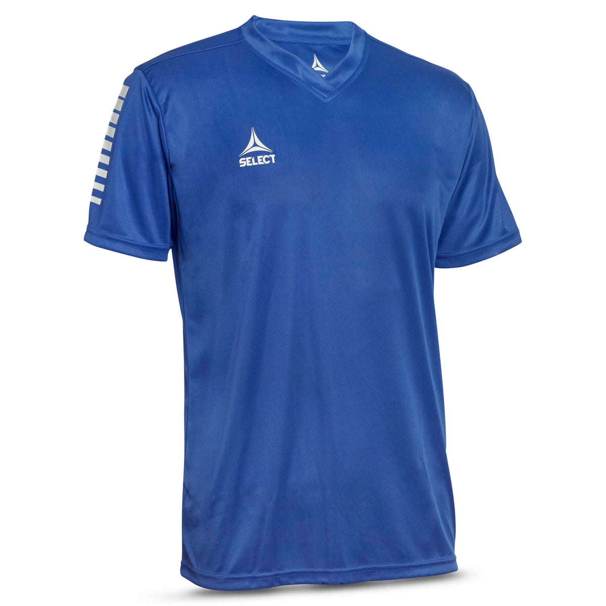 Front view of blue Player shirt S/S Pisa with white logo and shoulder stripes, Match & Training soccer wear.