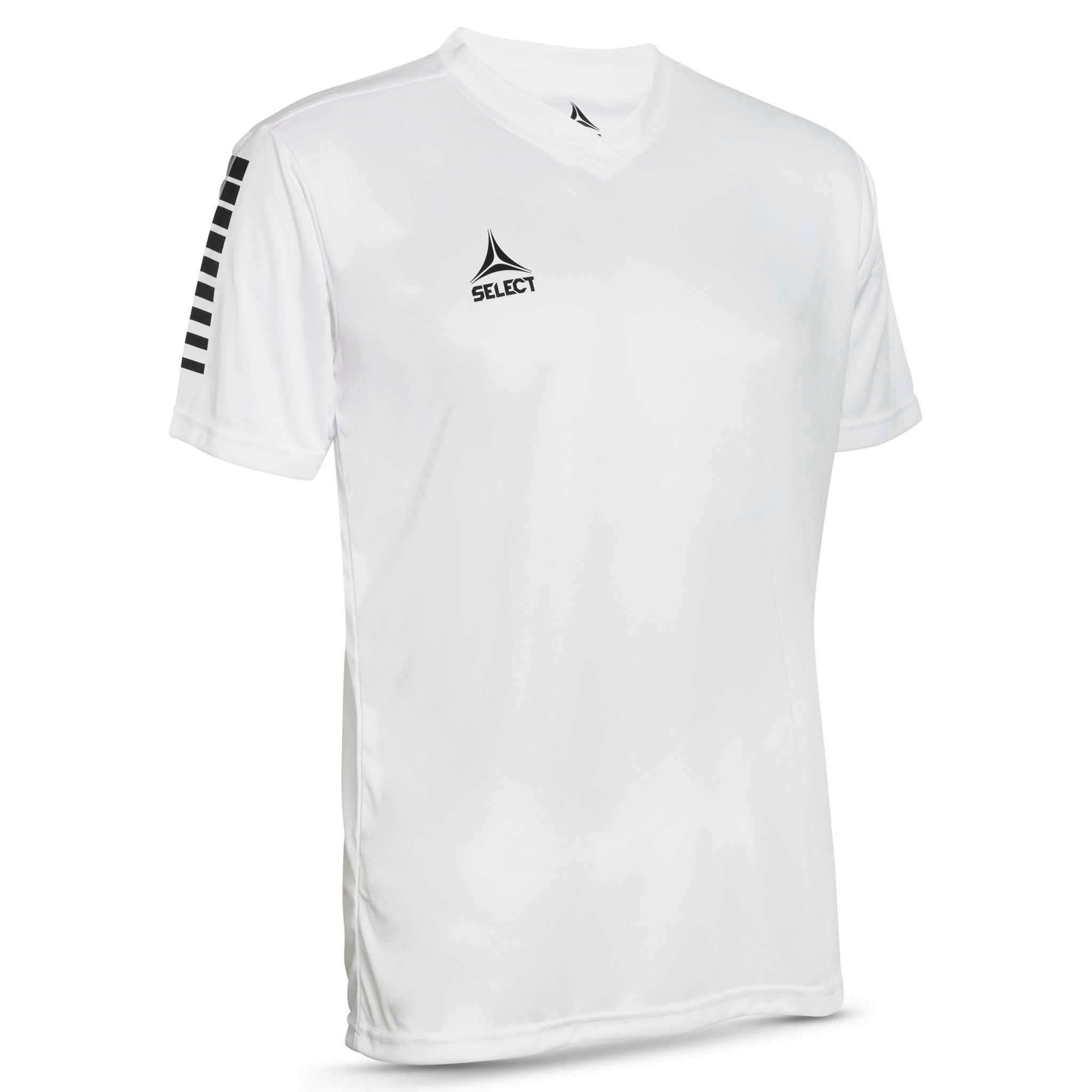 White player short sleeve sports jersey with black stripes and Select brand logo on a white background. Product name is Pisa short sleeve jersey #color_white/black