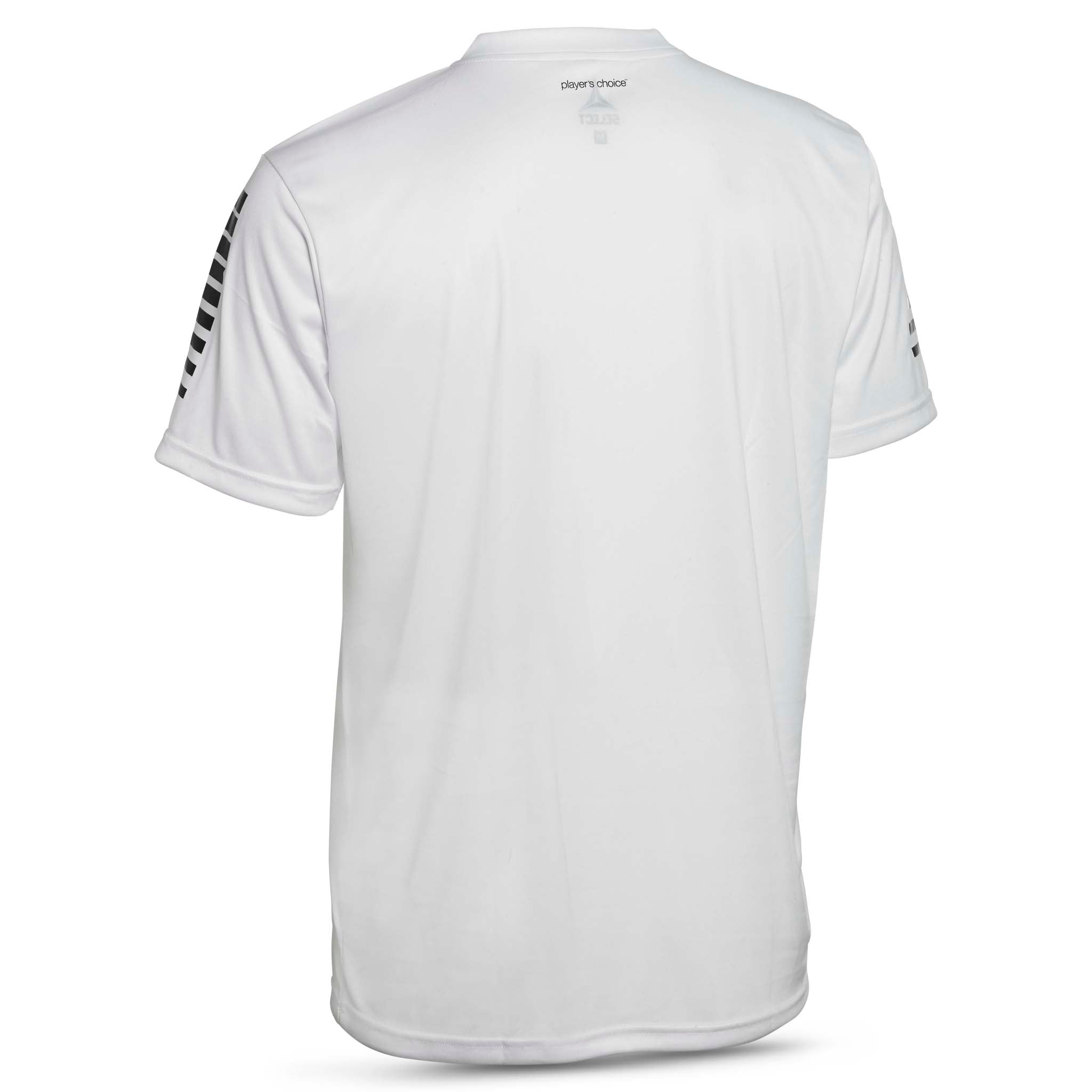 White player short sleeve sports jersey with black stripes and Select brand logo on a white background. Product name is Pisa short sleeve jersey #color_ #color_white/black #color_white/black