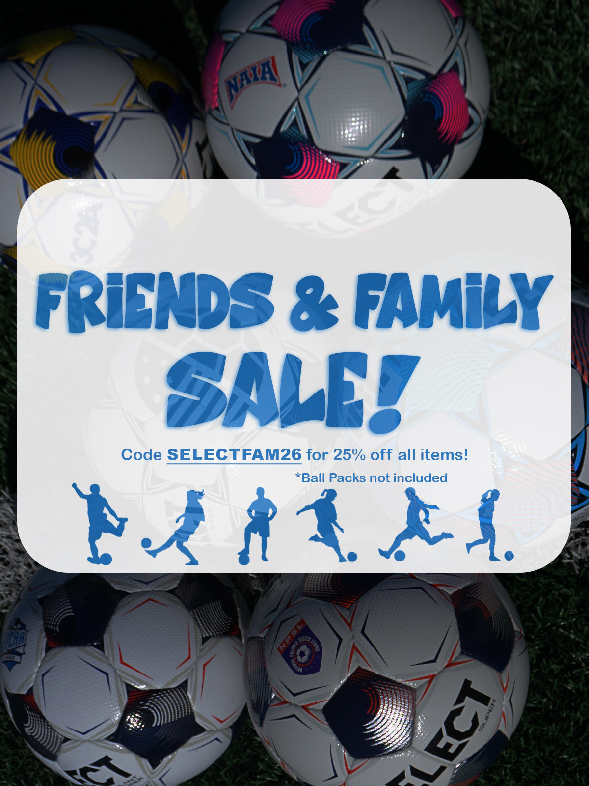 Friends and family sale graphic stating 25% off all items, excluding packages, with discount code SELECTFAM26