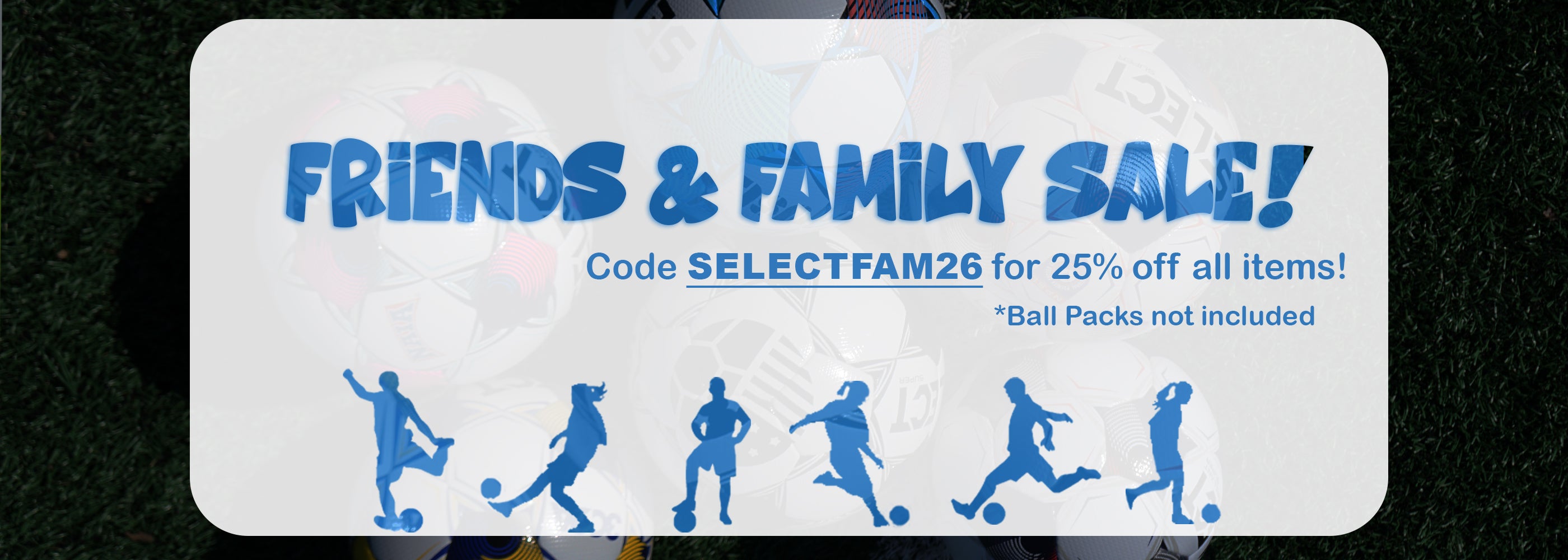 Friends and family sale graphic stating 25% off all items, excluding packages, with discount code SELECTFAM26