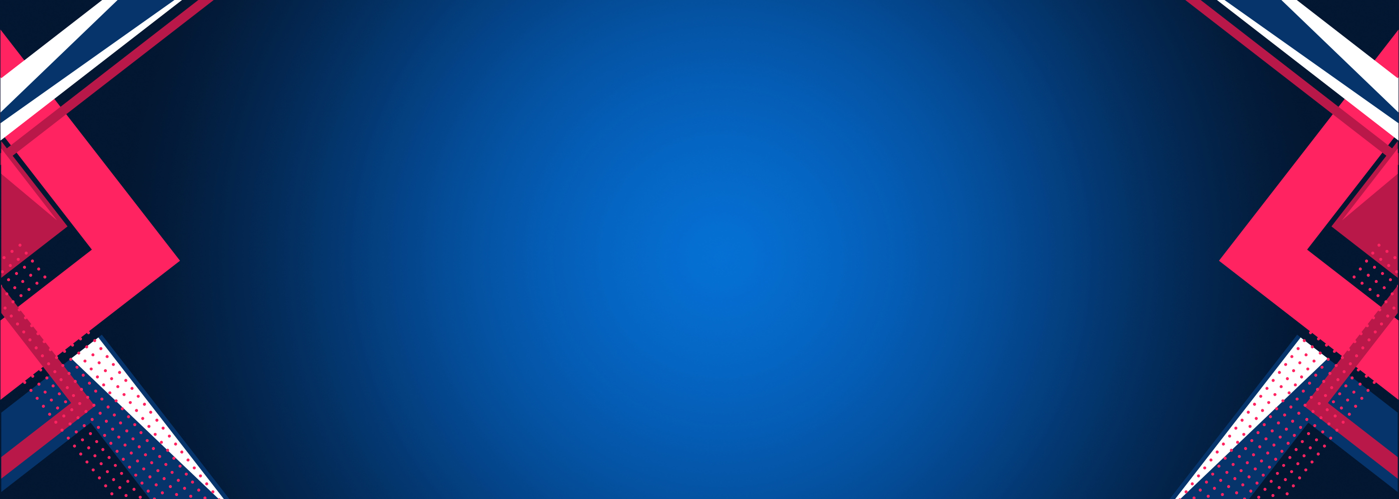 A digital graphic banner featuring a solid blue gradient background with abstract geometric corner designs in red, white, and black on the left and right sides.
