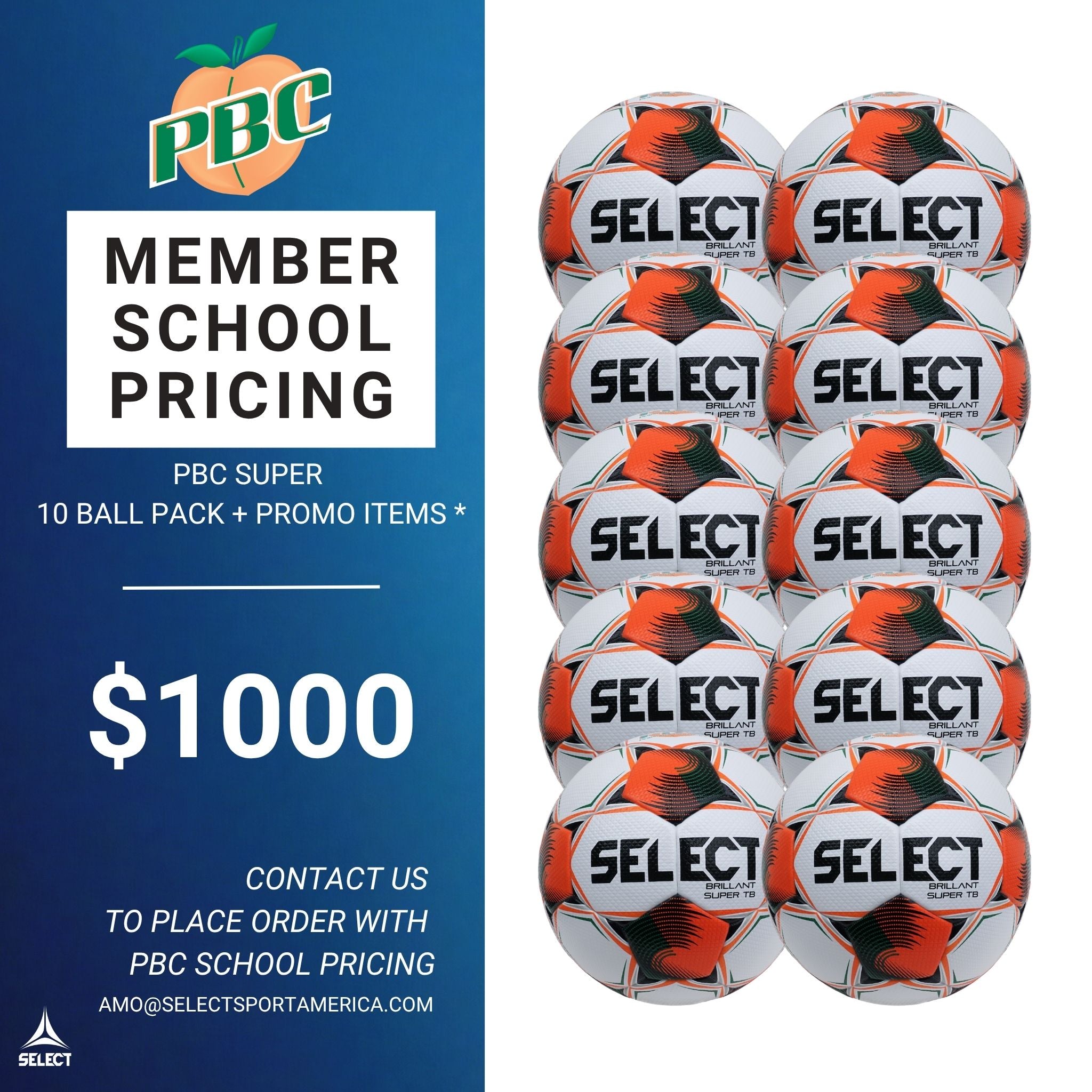 Promotional graphic for PBC school pricing showing a stack of SELECT soccer balls on the right and pricing information on the left, including 'Member School Pricing', 'PBC Super 10 Ball Pack + Promo Items', and '$1000'.