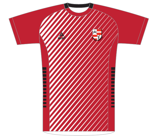Drawing of a red soccer jersey with white diagonal stripes and black accents and logos for Select and Tri-County Soccer Club