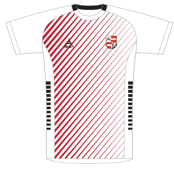 Drawing of a white soccer jersey with red diagonal stripes and black accents and logos for Select and Tri-County Soccer Club
