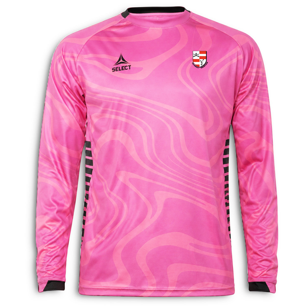 Pink long-sleeve goalkeeper jersey with a Tri-County Soccer Club logo and Select on a white background