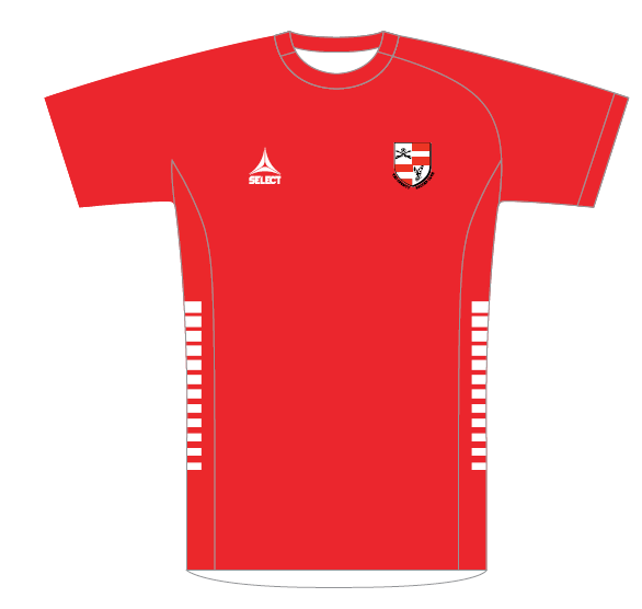 Drawing of a red soccer jersey with white accents and logos for Select and Tri-County Soccer Club