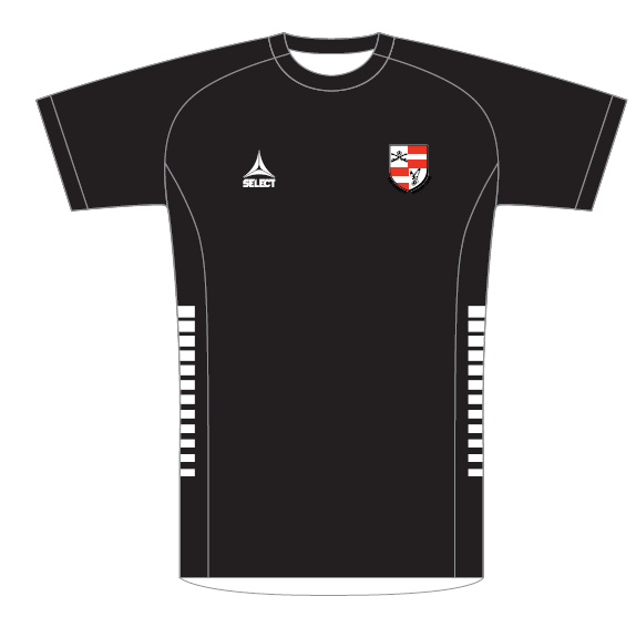 Drawing of a black soccer jersey with white accents and logos for Select and Tri-County Soccer Club