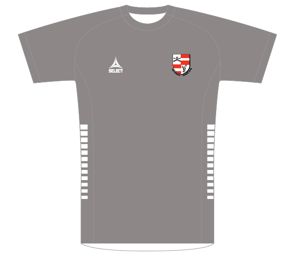 Drawing of a grey soccer jersey with white accents and logos for Select and Tri-County Soccer Club
