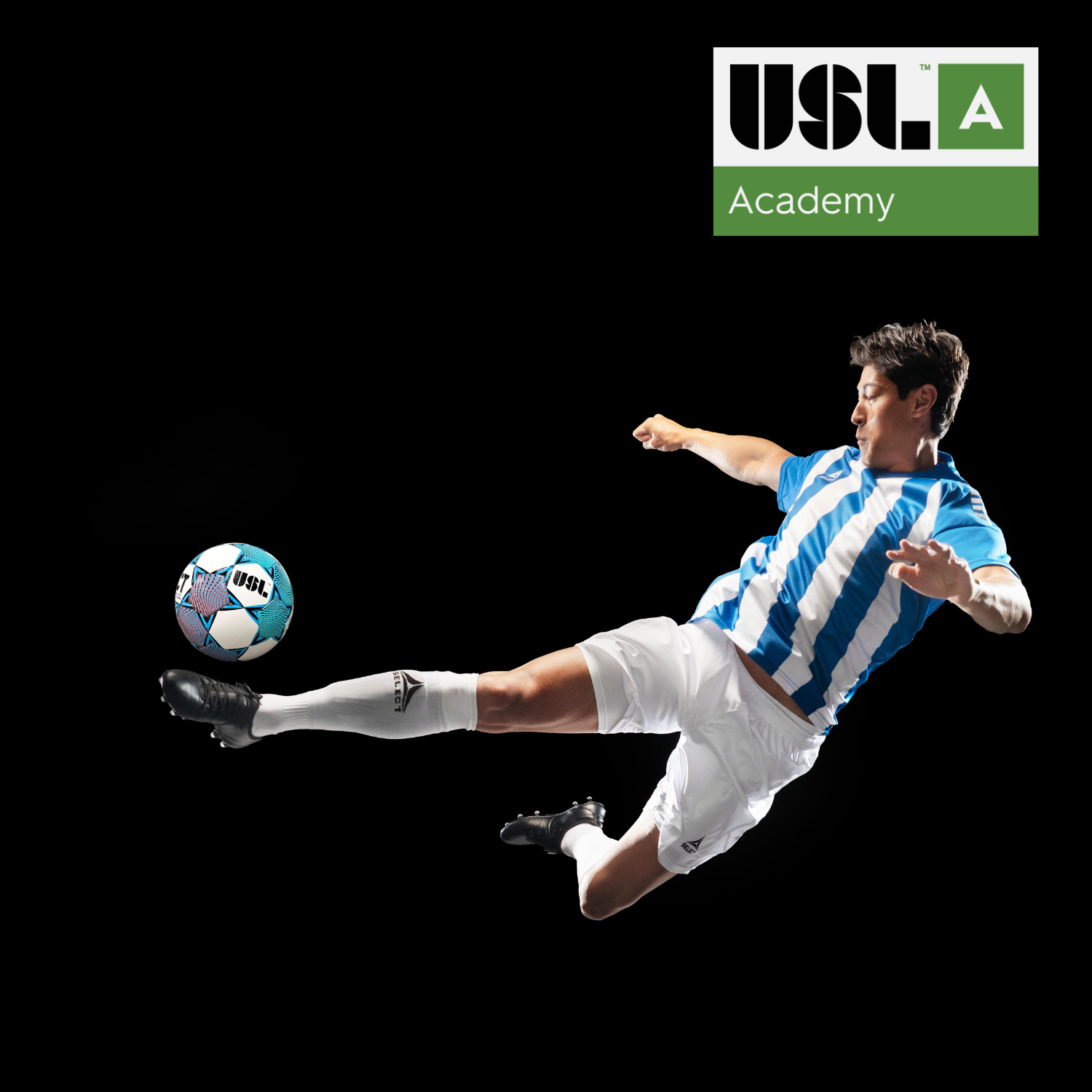 Soccer player in action with a USL Academy logo above