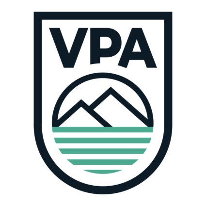 Logo with 'VPA' letters and mountain and lake design on a white background